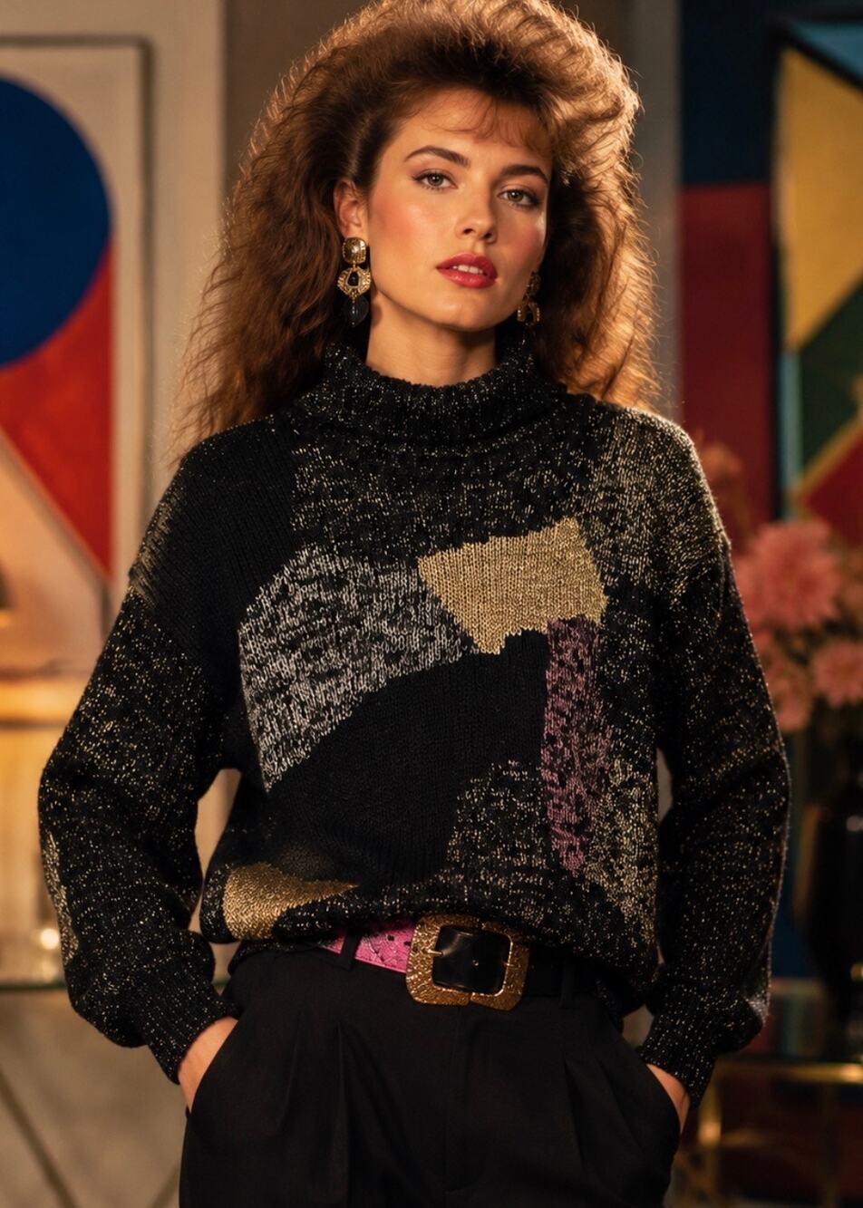 Vintage 80s Metallic Abstract Turtleneck Sweater Black Gold maximalist glam S